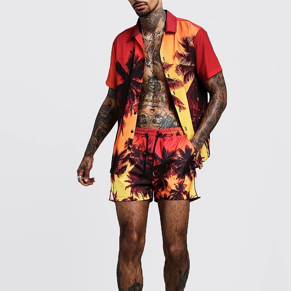 Boohoo Man palm tree sunset swim 2 piece set